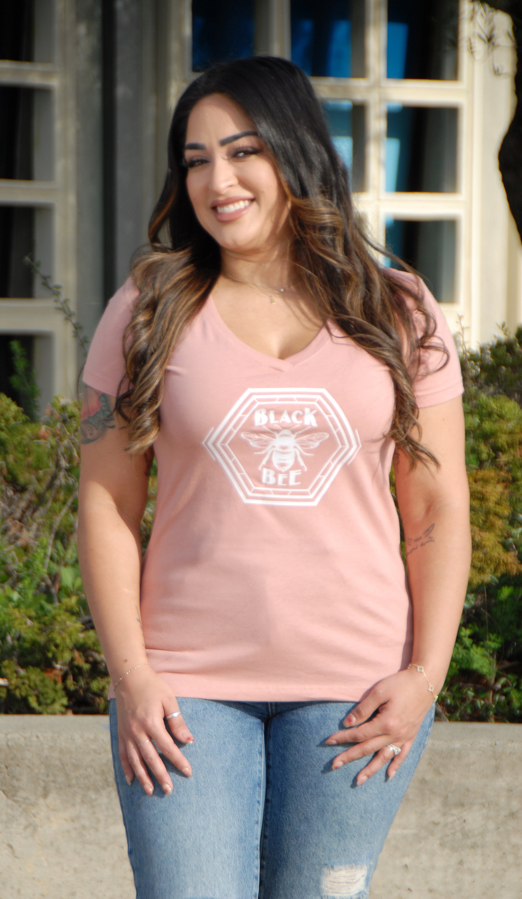 Women's V - Neck Tee White Logo